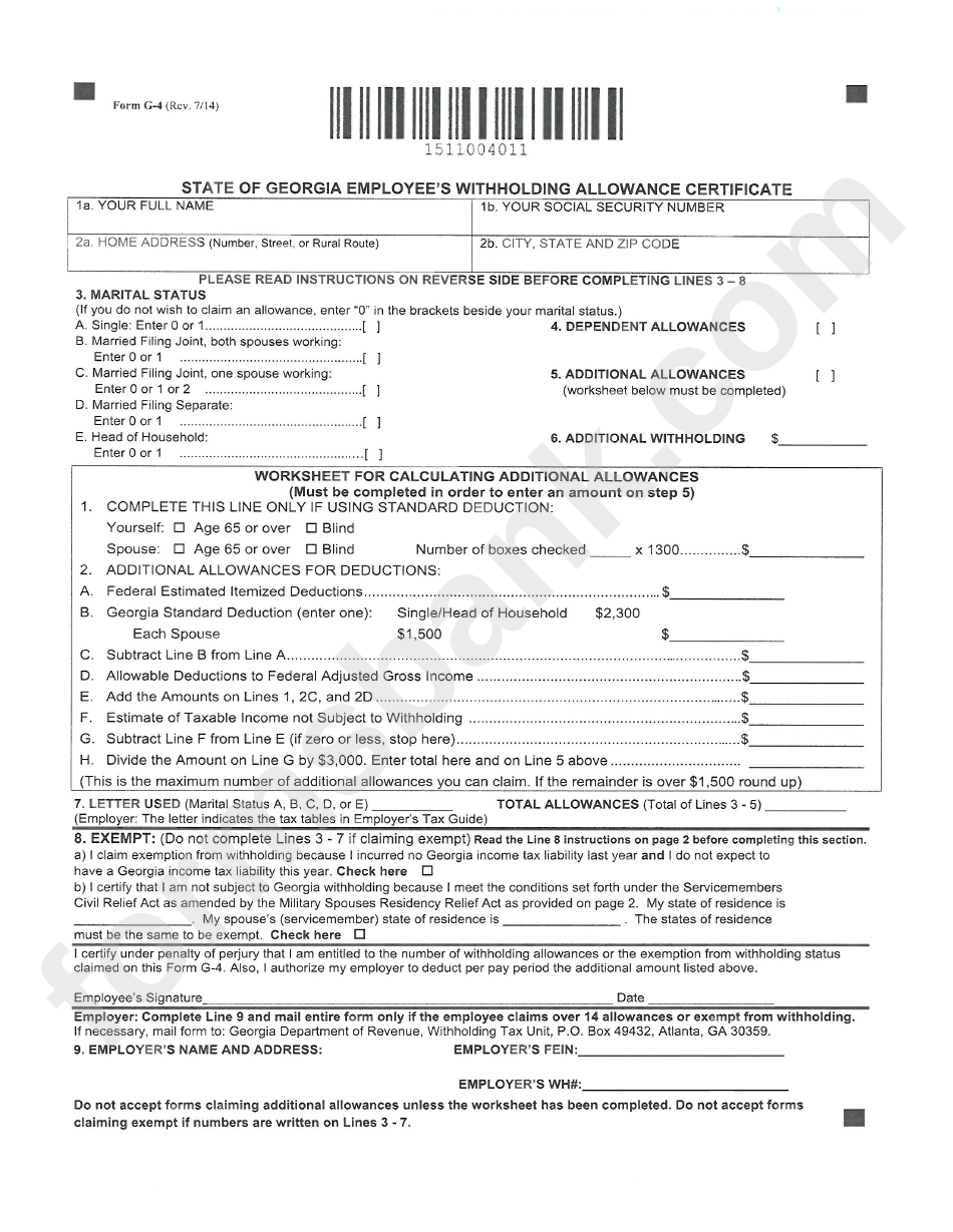 2015 G4 State Of Georgia Employee S Withholding Allowance Certificate 2015 G4 State Of Georgia Employee S Withholding Allowance Certificate