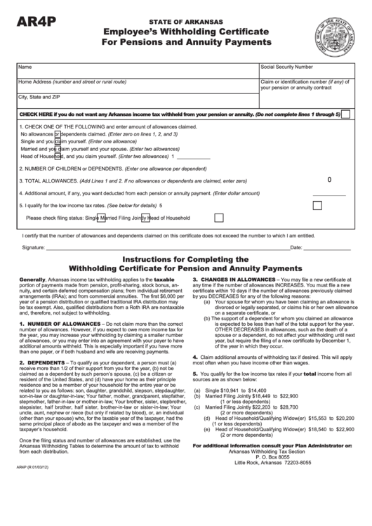 Fillable Form Ar4p Employee S Withholding Certificate For Pensions Fillable Form Ar4p Employee S Withholding Certificate For Pensions