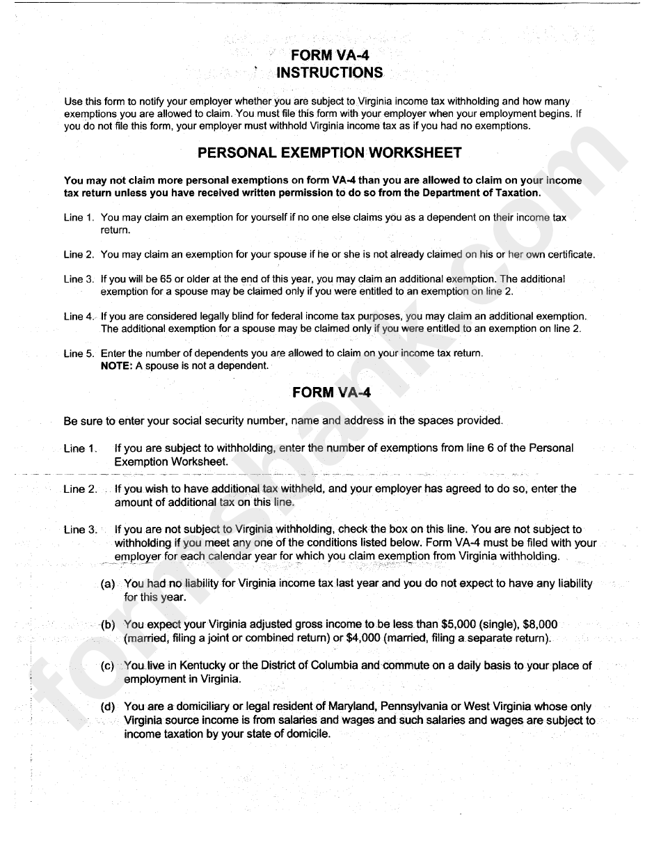 Form Va 4 Employee S Virginia Income Tax Withholding Exemption Form Va 4 Employee S Virginia Income Tax Withholding Exemption
