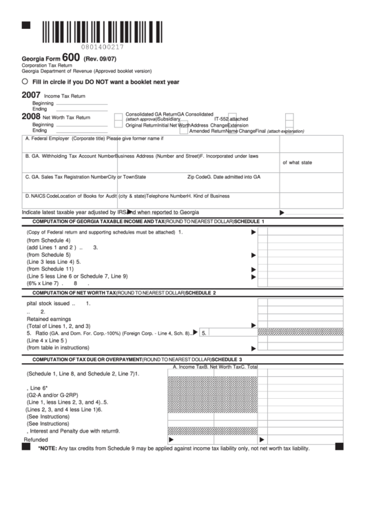 Georgia Form 600 Corporation Tax Return 2007 2008 Printable Pdf 