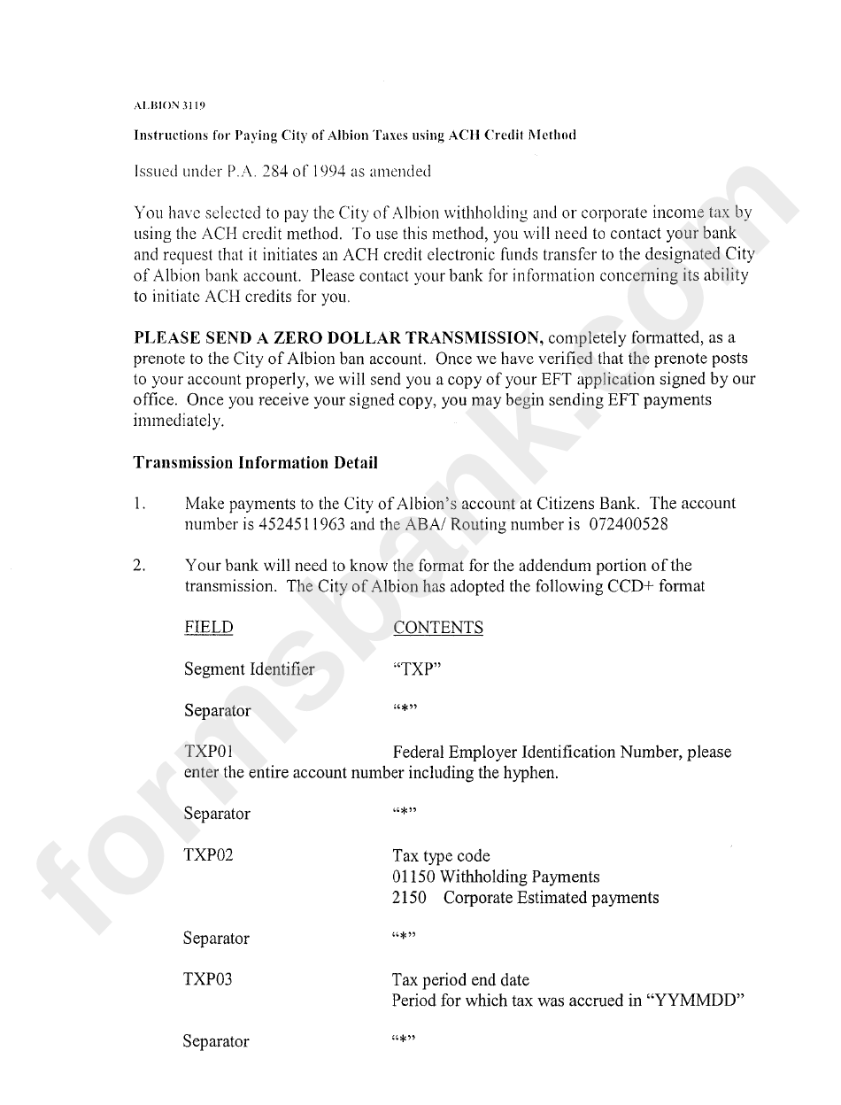 Instructions For Paying City Of Albion Taxes Using Ach Credit Method Instructions For Paying City Of Albion Taxes Using Ach Credit Method