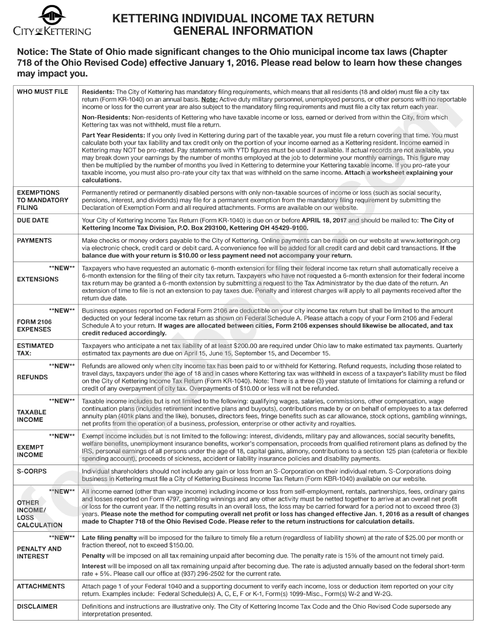 Kettering Individual Income Tax Return Instructions Ohio Printable Kettering Individual Income Tax Return Instructions Ohio Printable