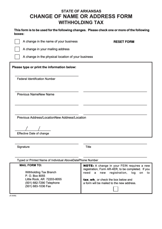 Fillable Change Of Name Or Address Withholding Tax Form State Of 