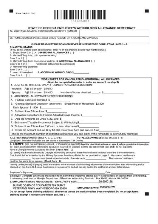 Fillable Form G4 Georgia Employee S Withholding Allowance Certificate Fillable Form G4 Georgia Employee S Withholding Allowance Certificate