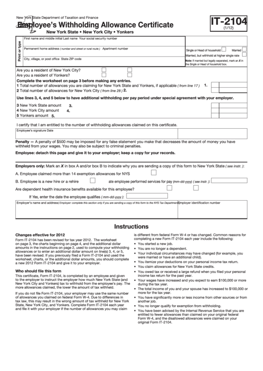 Fillable Form It 2104 Employee S Withholding Allowance Certificate Fillable Form It 2104 Employee S Withholding Allowance Certificate