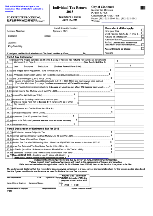 Fillable Individual Tax Return Form 2015 City Of Cincinnati Income Fillable Individual Tax Return Form 2015 City Of Cincinnati Income