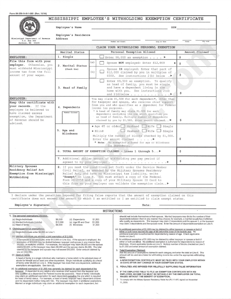 Form 89 350 14 8 1 000 Mississippi Employee S Withholding Certificate Form 89 350 14 8 1 000 Mississippi Employee S Withholding Certificate