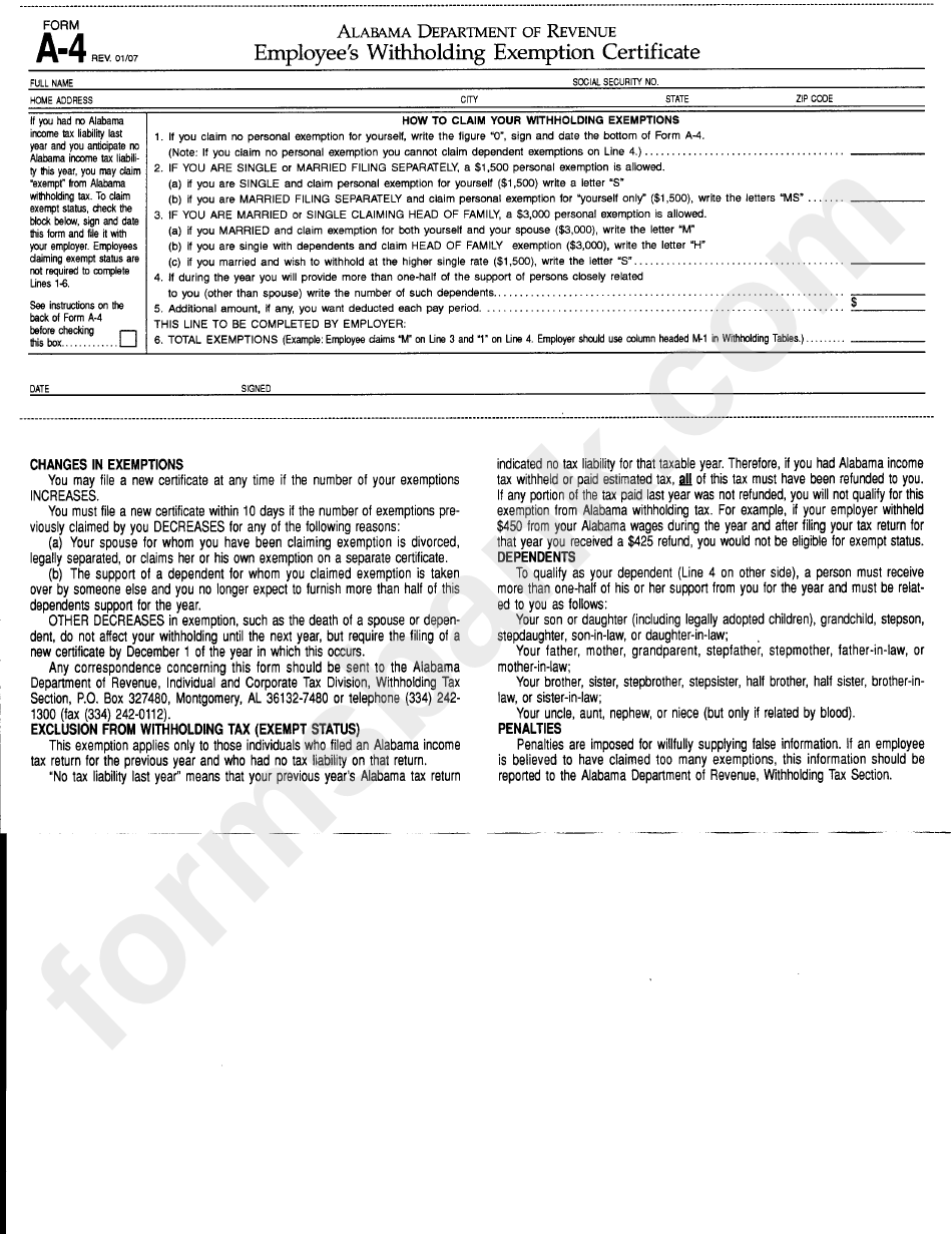Form A 4 Employee S Withholding Exemption Certificate Alabama Form A 4 Employee S Withholding Exemption Certificate Alabama