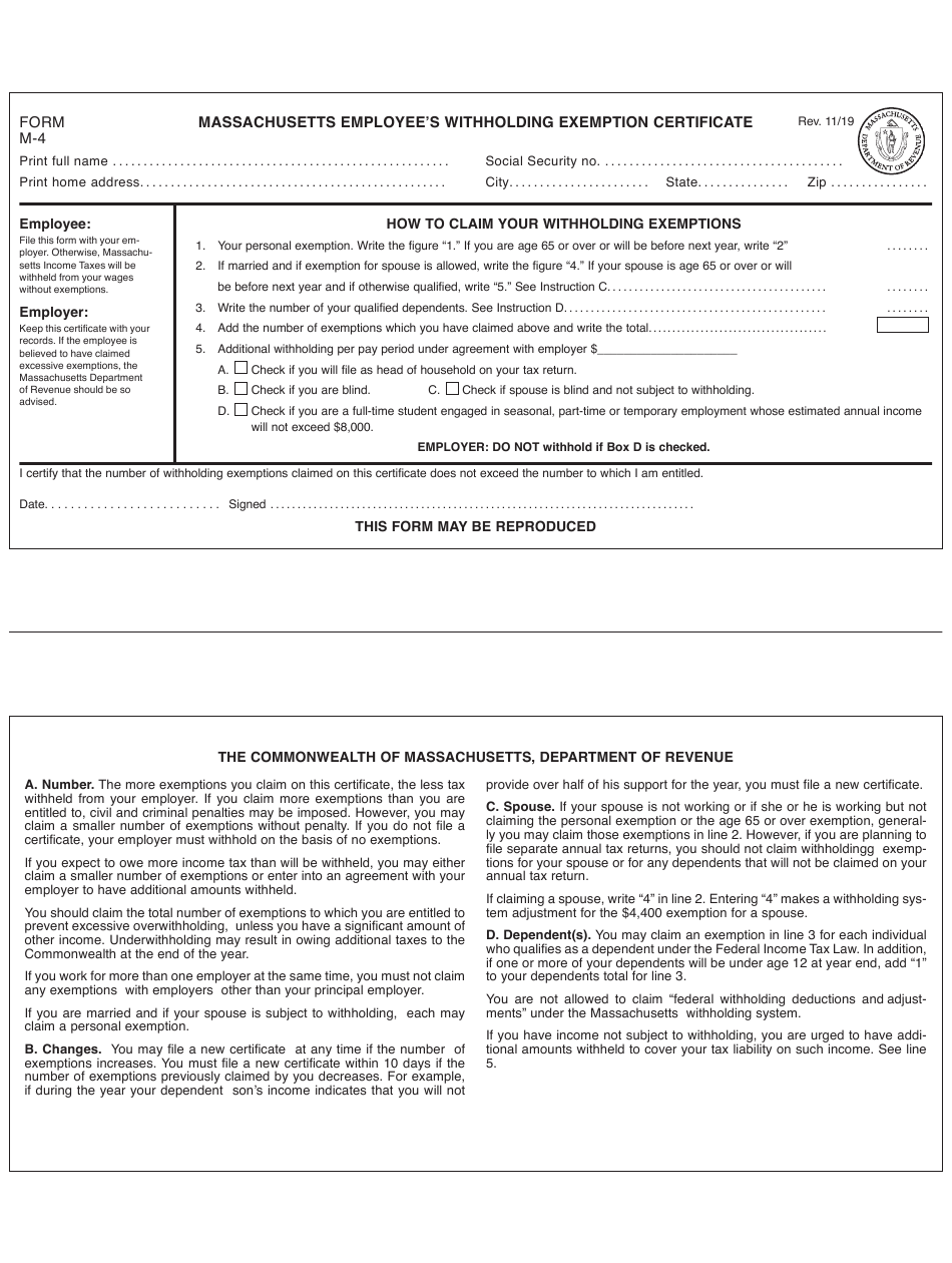 Form M 4 Download Printable PDF Or Fill Online Massachusetts Employee S Form M 4 Download Printable PDF Or Fill Online Massachusetts Employee s
