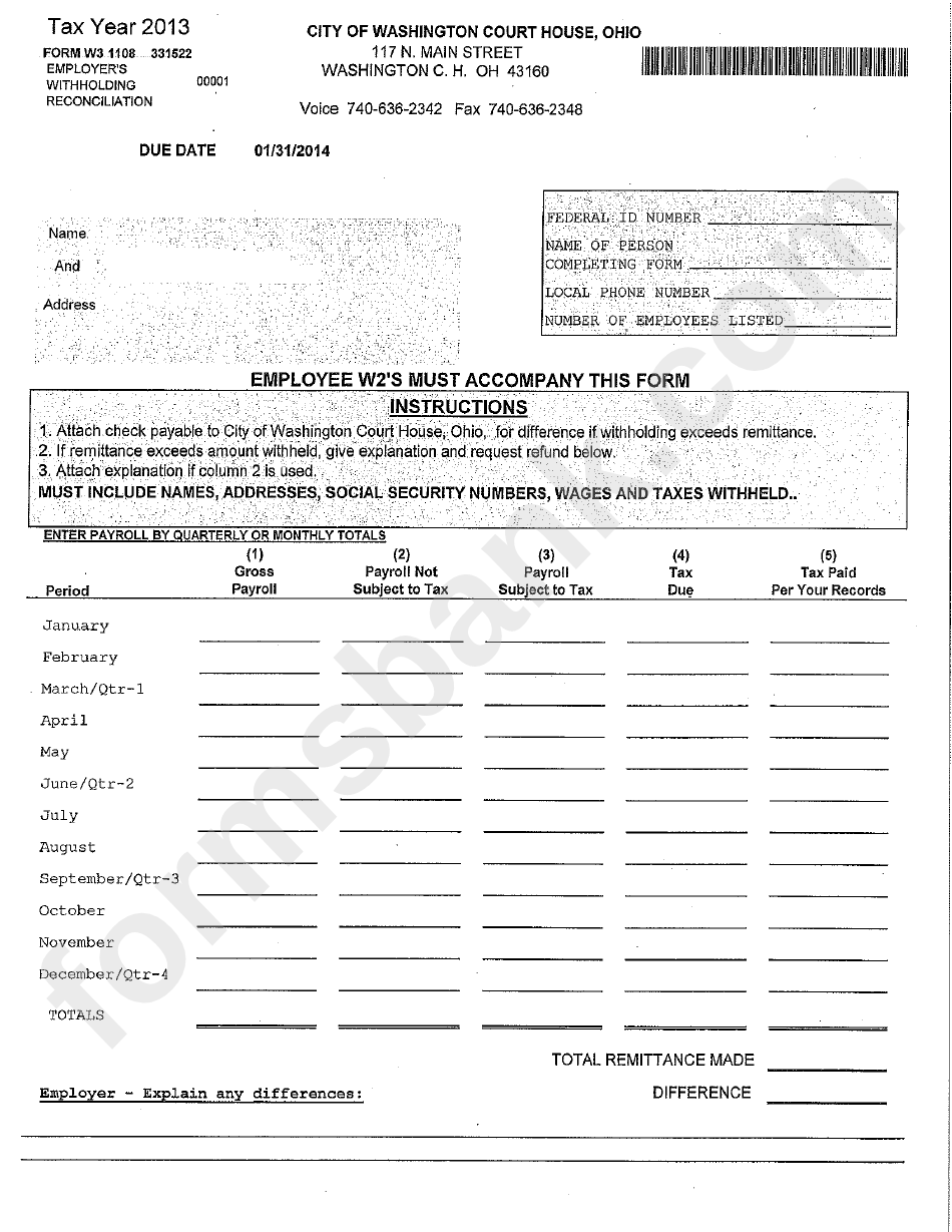 Form W3 Employer S Withholding Reconciliation City Of Washington Form W3 Employer S Withholding Reconciliation City Of Washington