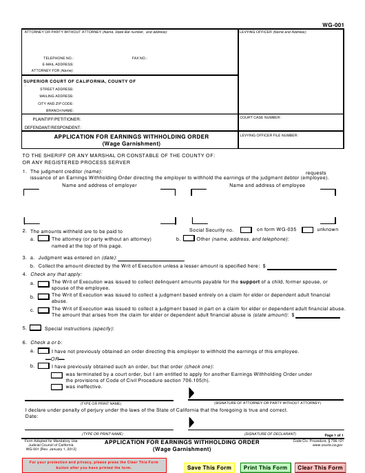 Form WG 001 Download Fillable PDF Or Fill Online Application For 
