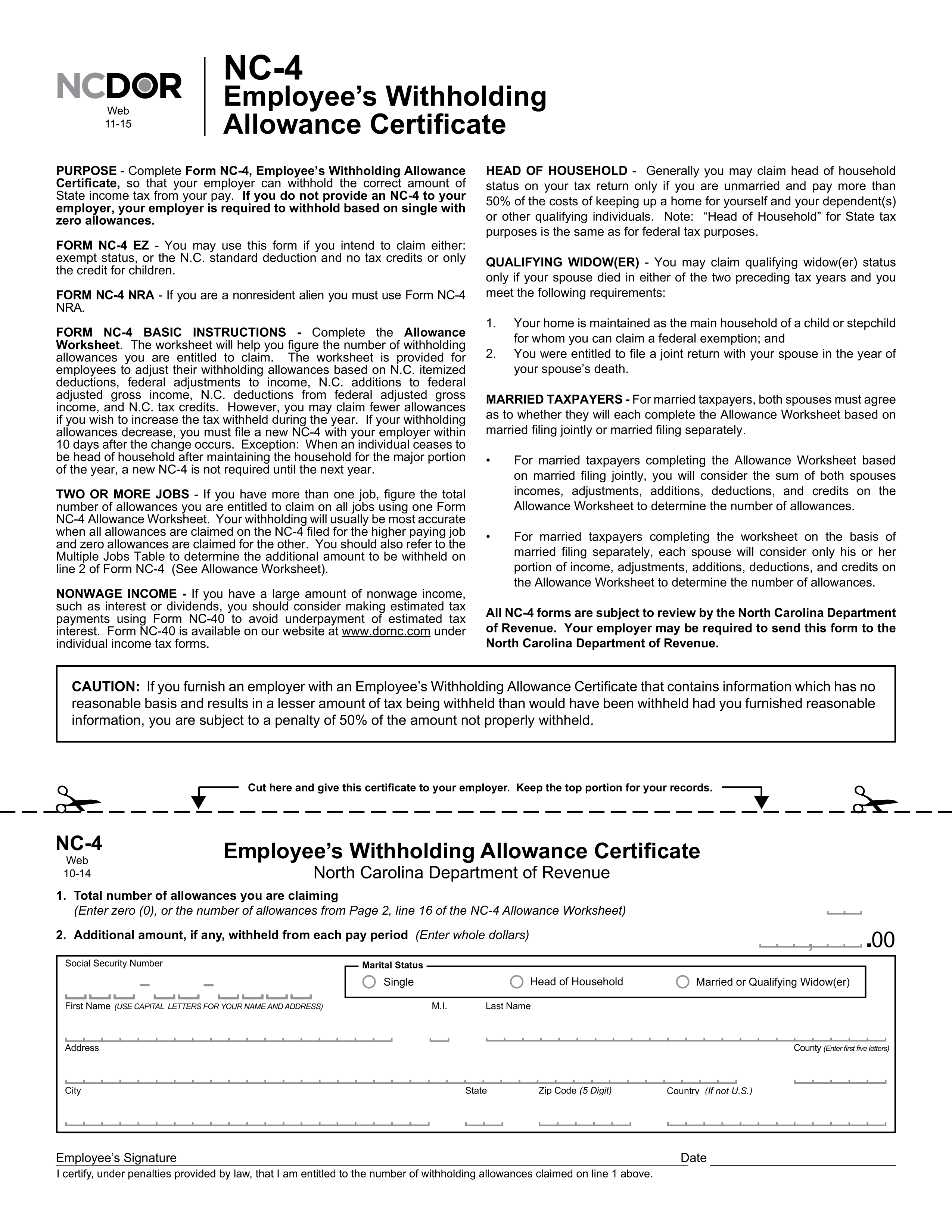 NC 4 Employee S Withholding Allowance Certificate North Carolina State NC 4 Employee s Withholding Allowance Certificate North Carolina State