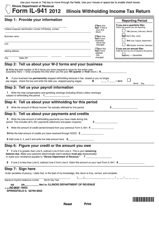 Fillable Form Il 941 Illinois Withholding Income Tax Return 2012 Fillable Form Il 941 Illinois Withholding Income Tax Return 2012