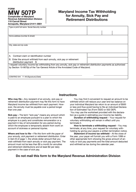 Fillable Form Mw 507p Maryland Income Tax Withholding For Annuity Fillable Form Mw 507p Maryland Income Tax Withholding For Annuity