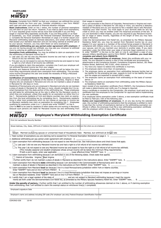 Fillable Maryland Form Mw507 Employee S Maryland Withholding Fillable Maryland Form Mw507 Employee S Maryland Withholding