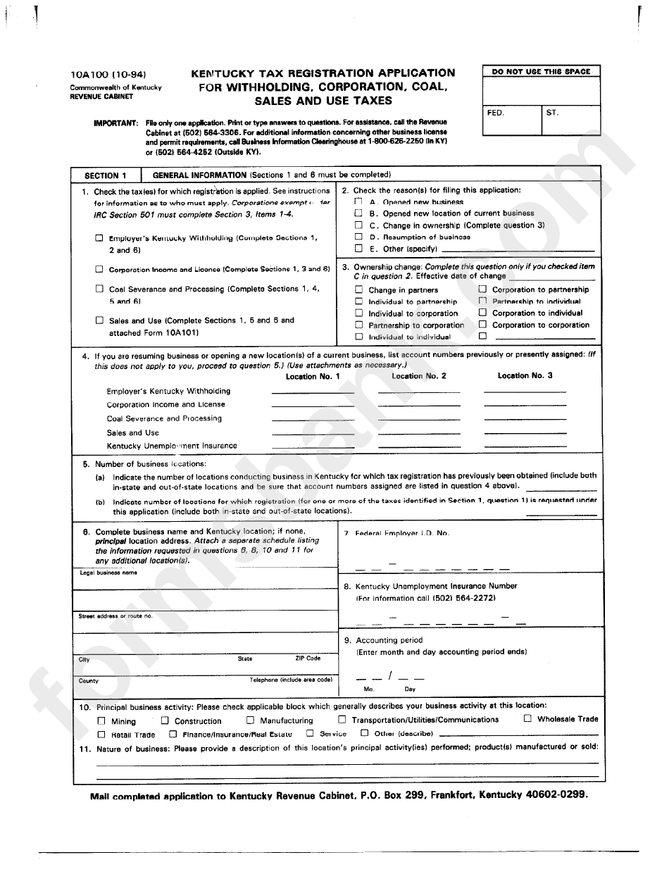 Form 10a100 Kentucky Tax Registration Application For Withholding Form 10a100 Kentucky Tax Registration Application For Withholding