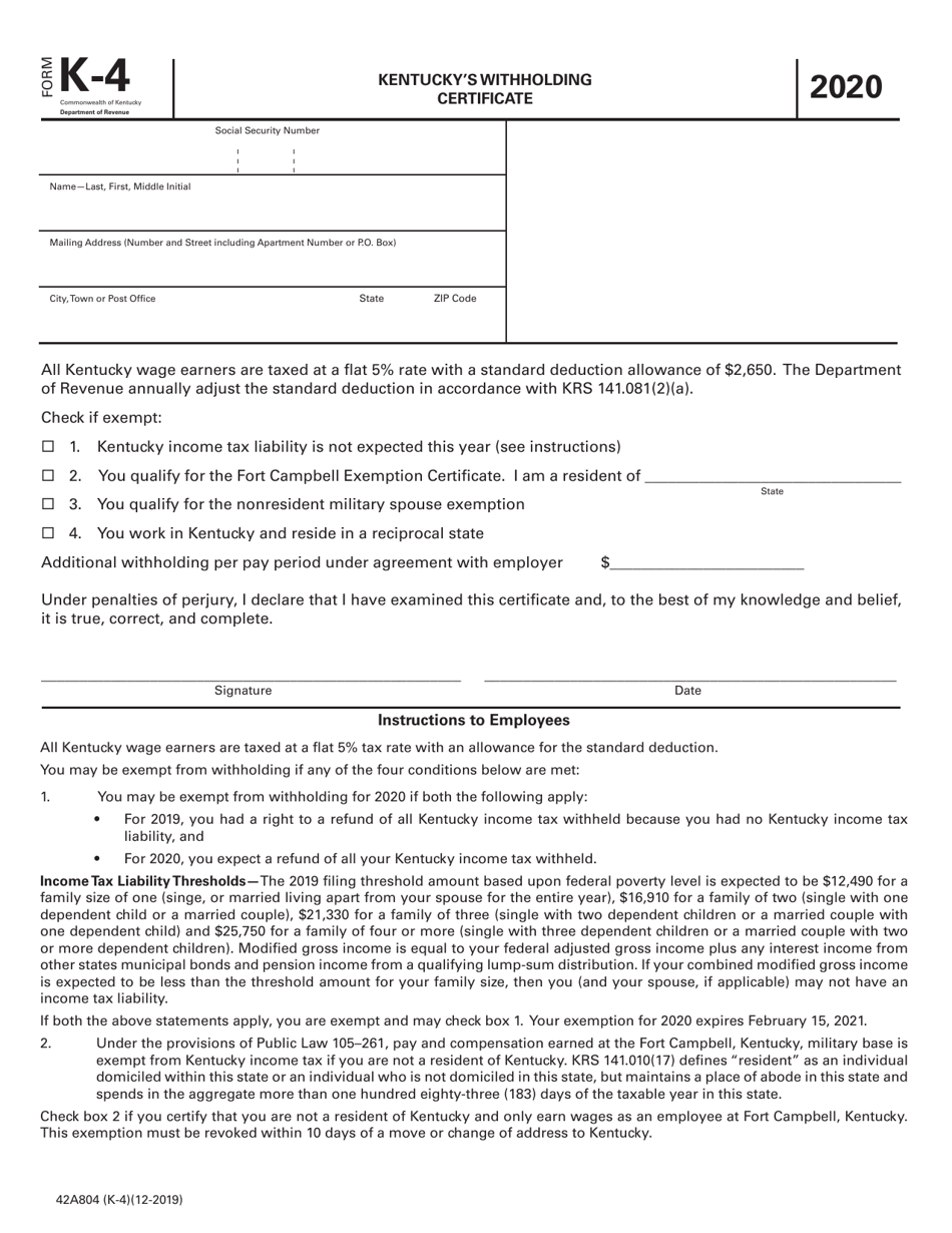 Form K 4 42A804 Download Printable PDF Or Fill Online Kentucky S Form K 4 42A804 Download Printable PDF Or Fill Online Kentucky s