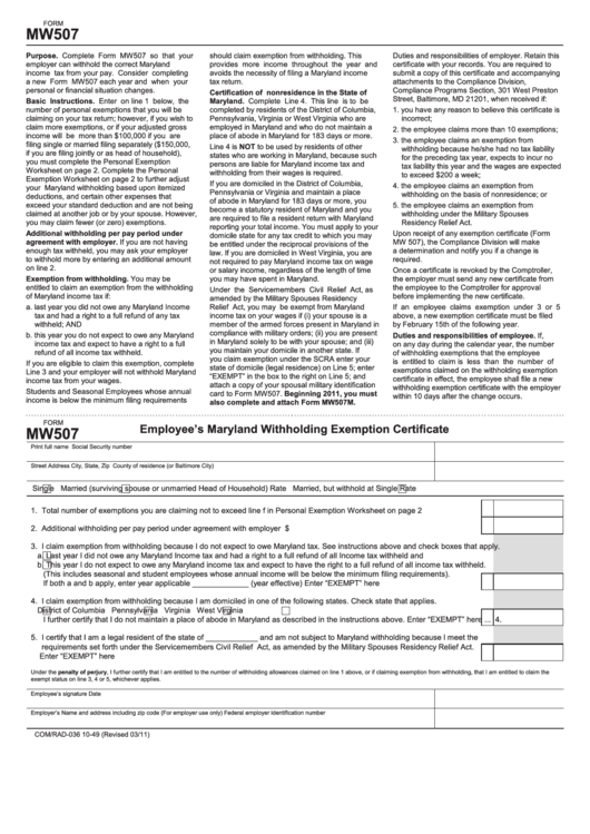 Form Mw507 Employee S Maryland Withholding Exemption Certificate Form Mw507 Employee s Maryland Withholding Exemption Certificate