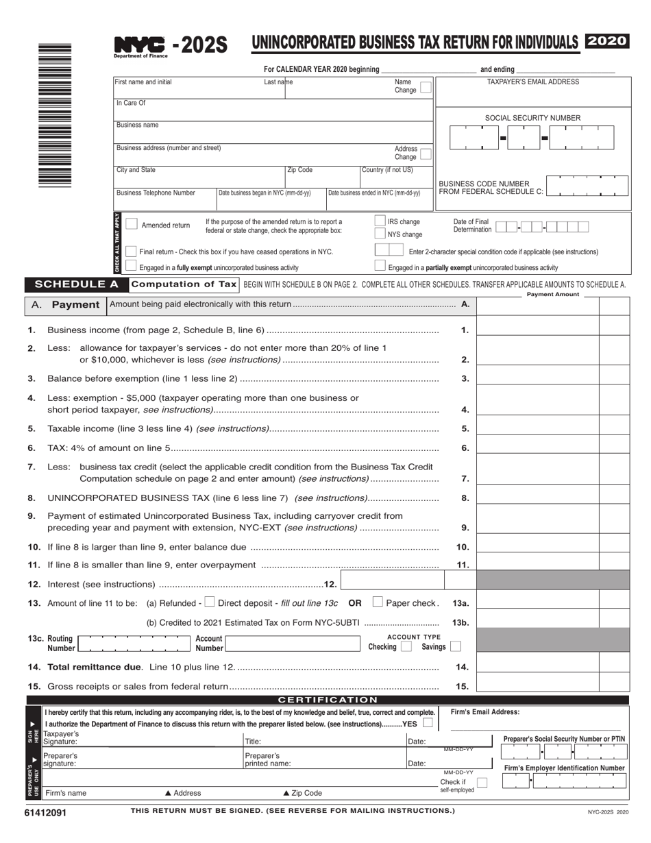 Form NYC 202S Download Printable PDF Or Fill Online Unincorporated Form NYC 202S Download Printable PDF Or Fill Online Unincorporated